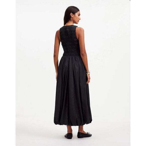 Madewell The Melody Bubble-Hem Smocked Midi Dress in Poplin True Black Size XXL - Picture 4 of 10
